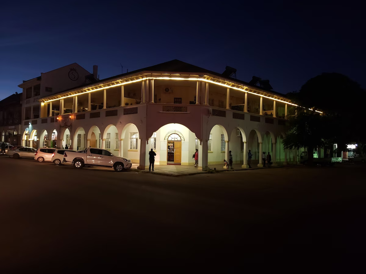 Selborne Hotel arches and balconies illuminated at night